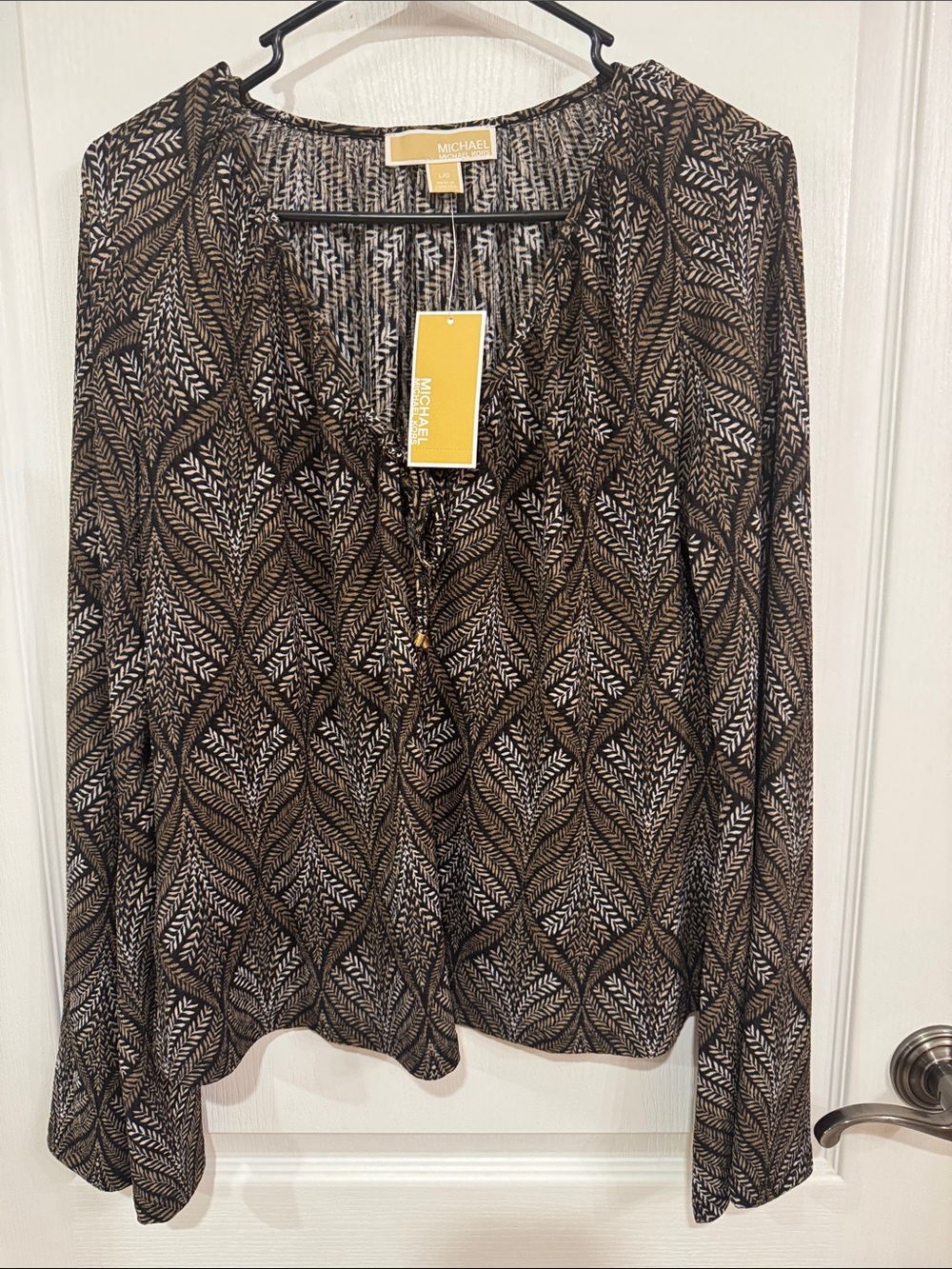 Michael Kors Brown and Black Printed V-Neck Blouse